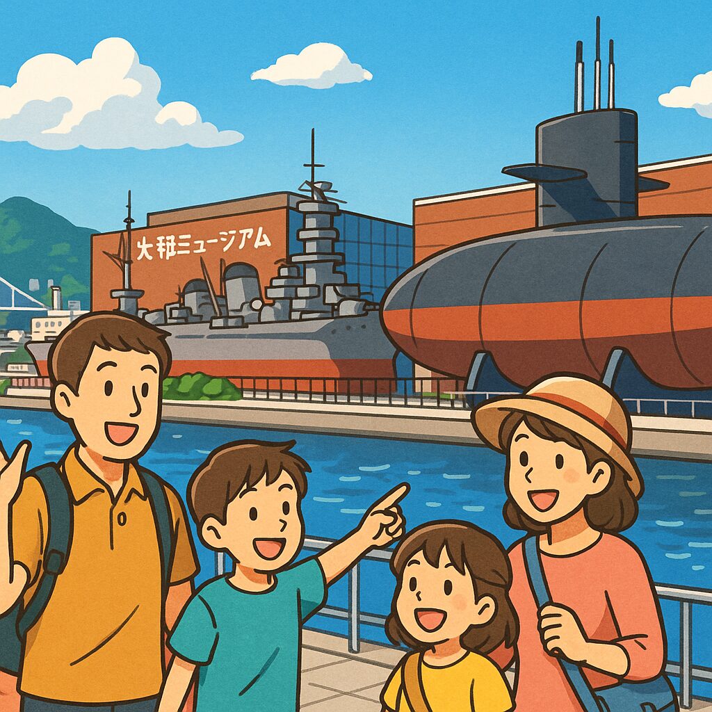 呉港と大和ミュージアムをイメージした家族旅行向け風景