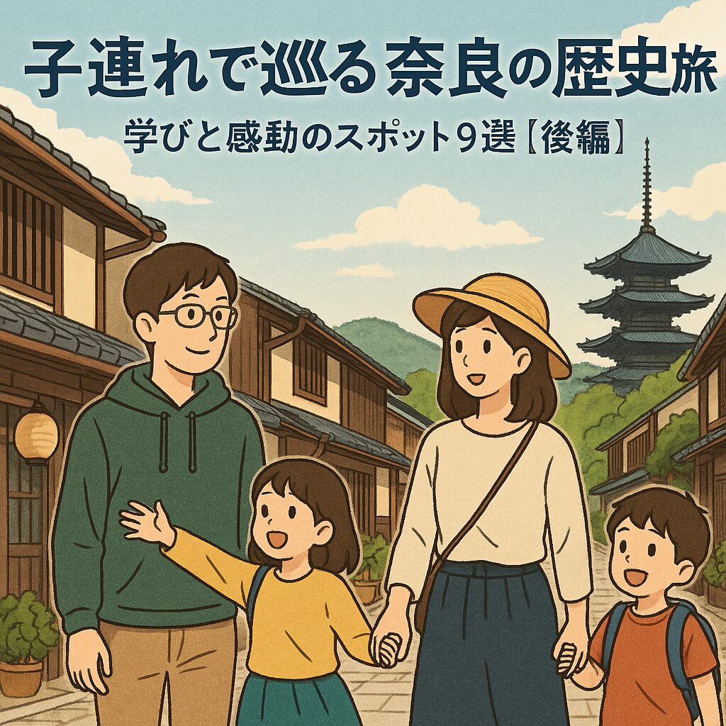 奈良の歴史的な街並みと家族の散策風景をイメージしたイラスト風景